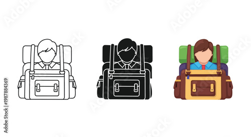 Professional hiker vector illustration featuring a traveler carrying a large camping backpack designed in three different artistic styles including line art silhouette and full color