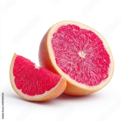 Vibrant Pink Grapefruit Halved With Slice on White Background Studio Lighting