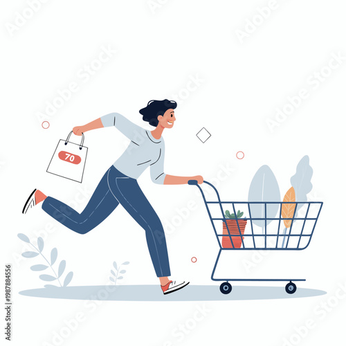 Young Man Pushing Shopping Cart and Trolley in Supermarket Store