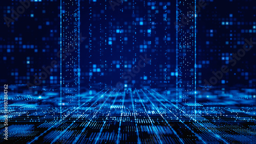 Futuristic Blue Digital Data Grid Background with Cyber Technology Network, Big Data Flow. 3D Rendering.