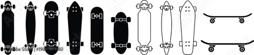Skateboard vector silhouettes and illustrations in various styles and positions