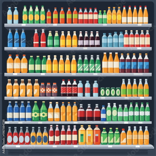 Flat vector illustration showing rows of assorted bottled beverages, glass sodas, plastic water bottles, and aluminum cans neatly arranged on refrigerator shelves in a retail cooler.