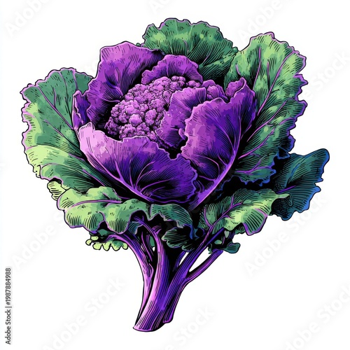 Vibrant Purple Flowering Kale With Green Leaves Against White Background Detailed Illustration