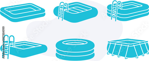 Vector set of rectangular inflatable pools with metal frames and ladders, Silhouette set of large family swimming equipment and water fun, Summer illustration design