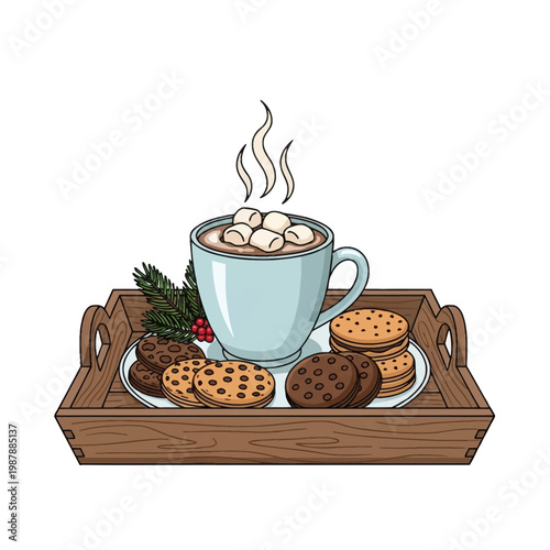 Vector illustration of a blue mug filled with steaming hot cocoa and marshmallows on a wooden tray with a plate of assorted chocolate chip cookies and evergreen pine branch accents