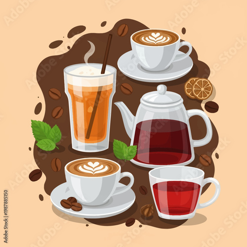 Vector illustration of various beverages including cappuccinos with latte art, a glass teapot of red tea, iced coffee with foam, a cup of tea, coffee beans, and fresh mint leaves.