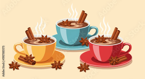 Vector illustration of three ceramic coffee cups in yellow, teal, and red colors, featuring steaming hot chocolate or tea with cinnamon sticks and star anise on a beige background.