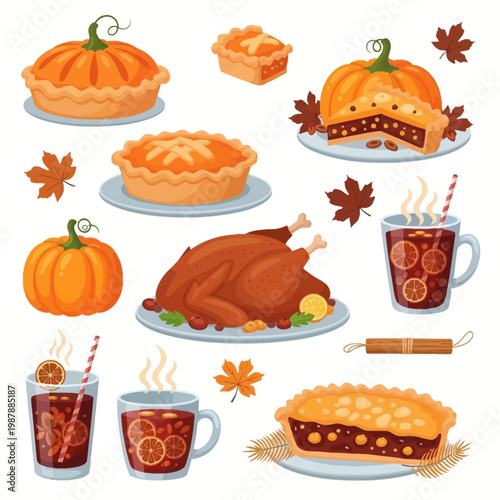 Collection of autumn harvest food illustrations including roasted turkey, pumpkin pies, whole pumpkins, mulled wine with orange slices, and fall leaves isolated on white background.