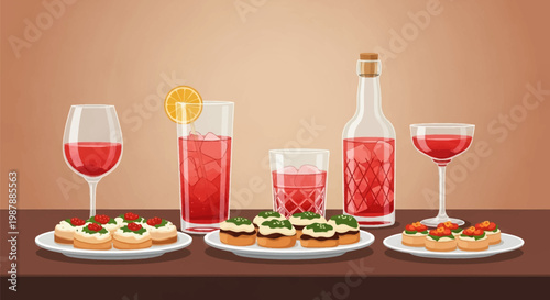 Flat vector illustration of a cocktail party arrangement with red wine, iced drinks, a glass carafe, and three plates of gourmet appetizers like canapes on a dark wooden surface.