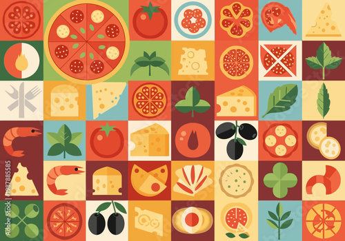 Pizza Ingredients and Toppings Illustration in Flat Design Grid Pattern - Minimalist Graphic Elements for Italian Food Menu, Kitchen Wallpaper and Branding