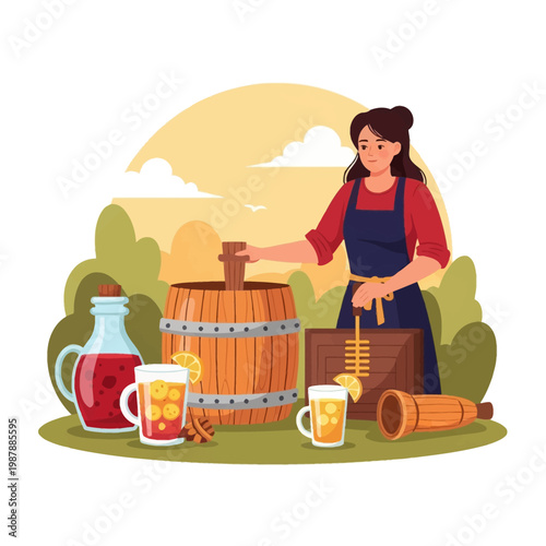 Flat vector illustration of a woman artisan making traditional honey mead in a wooden barrel outdoors, featuring glasses of mead with lemon, a glass jug, and honey-making tools.