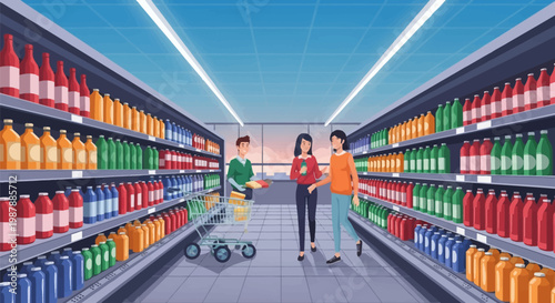 Flat vector illustration of a modern supermarket beverage aisle with customers browsing shelves stocked with colorful bottled drinks and a man pushing a loaded shopping cart.