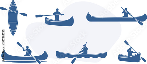 Vector set of long canoe silhouettes with people rowing on the water, Silhouette set of recreational lake boats and river adventure icons, Summer illustration design