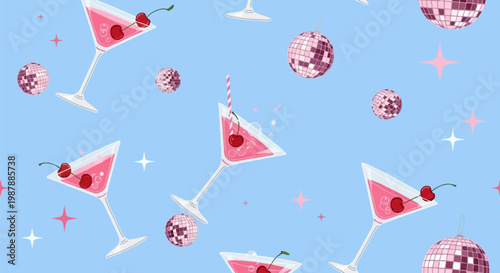 Festive seamless pattern with pink martini cocktail drinks garnished with cherries and straws, pink mirror disco balls, and sparkling stars isolated on a light blue background.