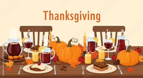 Thanksgiving vector illustration featuring a wooden dining table with orange pumpkins, autumn maple leaves, lit candles, pitchers of mulled wine, cider glasses and desserts on plates.