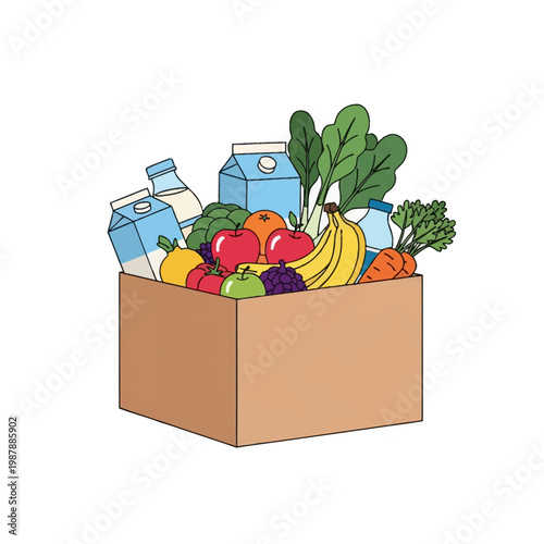 Cardboard box filled with fresh produce and groceries including milk cartons, apples, bananas, grapes, carrots, and leafy greens. Vector illustration on a white background.
