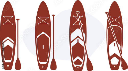 Vector set of paddleboards with vertical oars and cargo bungee cords, Silhouette set of touring boards for river travel and water fitness, Summer illustration design