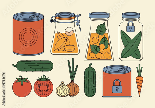 Food Security and Preservation Illustration Set with Canned Goods, Glass Jars, and Fresh Vegetables in Flat Vector Style