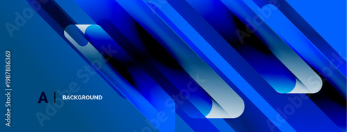 Abstract blue design features layered shapes, gradients, dynamic lines. Modern aesthetic suitable for backgrounds, presentations.