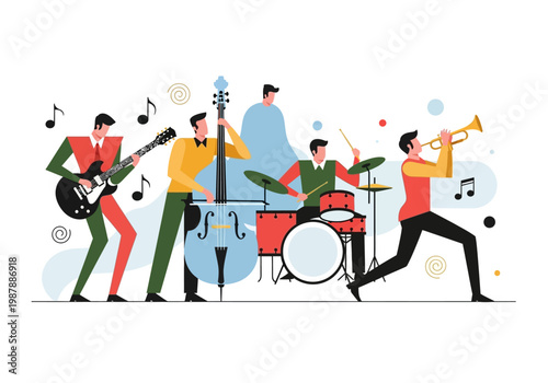 Professional Jazz Band Performance Vector Illustration with Musicians Playing Guitar, Contrabass, Drums, and Trumpet in Modern Flat Design Style