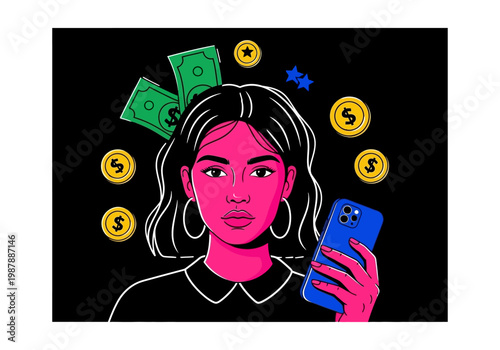 Vibrant Pop Art Illustration of a Young Woman with a Smartphone Surrounded by Money and Coins Representing Digital Earning and Financial Success