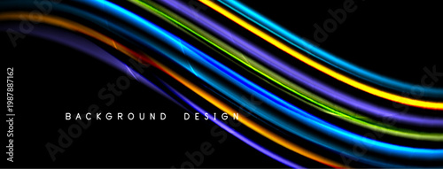 Abstract colorful lines over black background. Dynamic waves create modern design, suitable for digital projects. Bright hues offer visual impact.