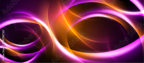 Abstract design features vibrant curves, orange, purple hues. Dynamic energy radiates from flowing shapes, dark background.