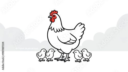 A mother hen and her chicks standing together on a farm