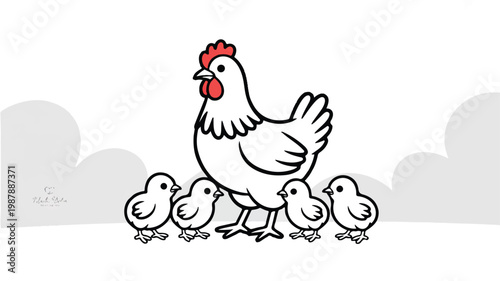 A mother hen and her four chicks standing together on a farm