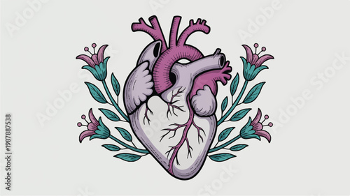 Anatomical heart illustration with flowers and leaves