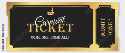 Carnival ticket template in luxury gold and black. Horizontal vector with mask icon and ornate border for masquerade event admission, party invitation, and celebration design.