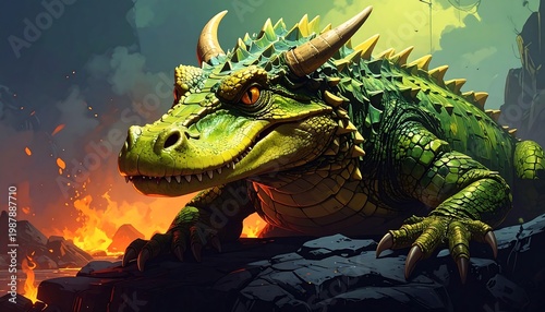 A fierce, green, horned reptile with textured scales and fiery eyes gazes intently from rocky terrain, flames in background