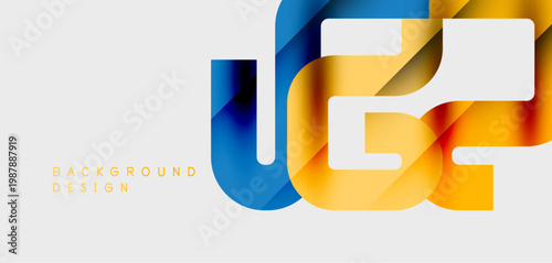 Abstract design features overlapping shapes, vibrant blue, orange hues. Minimalist style creates modern visual impact. Clean background enhances focus.