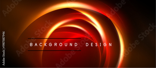 Abstract design features vibrant orange, red curves. Dark background emphasizes glowing circular layers, creating dynamic visual effect.