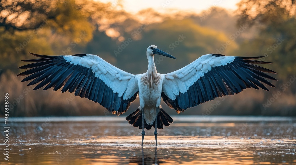 Fototapeta premium Crane with outstretched wings over water at dawn