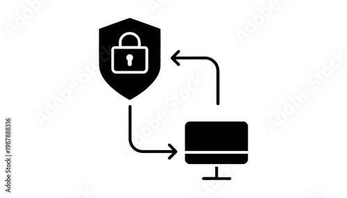 A shield icon with a padlock protects a computer from cyber threats