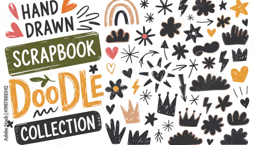 A hand drawn doodle collection of scrapbook elements and icons