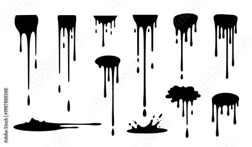 Black ink drip and splash silhouettes vector with flowing liquid shapes and falling droplets isolated on white