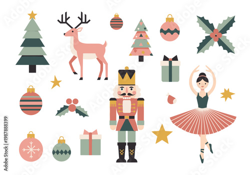 Modern Nutcracker and Ballerina Christmas Vector Set, Minimalist Festive Holiday Icons and Illustrations