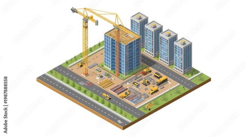 Obraz premium Isometric view of a developing urban residential and commercial area with construction activity isolated on white background