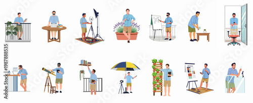 Set of flat character illustrations featuring a man in various remote work, hobby, and home office scenarios on a balcony and indoors.