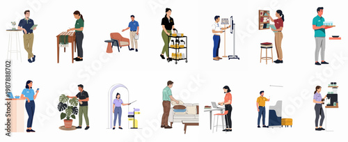 Diverse set of service staff illustrations performing tasks like hosting, catering, tech support, and office management for events and co-working spaces.