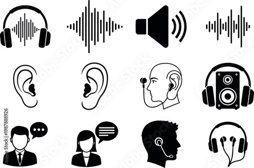 Sound and communication icons headphones ears voices and speakers