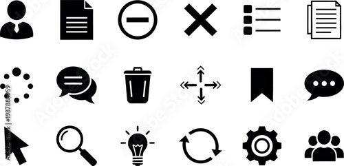 Collection of black and white minimalist icons representing various concepts