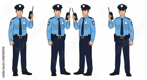 Four cartoon police officers in blue uniforms holding walkie-talkies, standing on a white background, ready for duty.