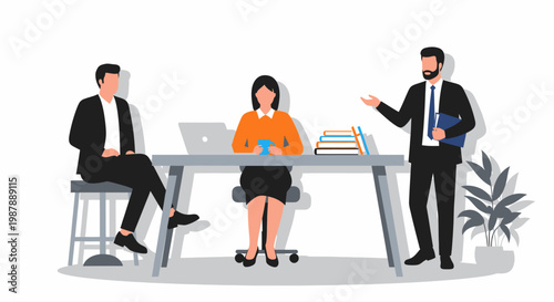 Three business professionals collaborating and discussing work in an office setting, with one person presenting a report.
