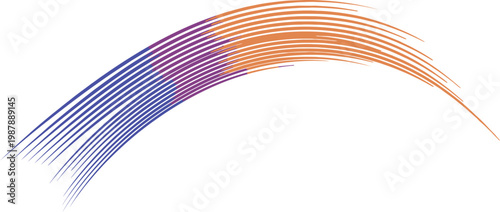 Modern abstract vector art illustration with a dynamic arc of multiple parallel lines displaying a vibrant gradient from deep blue to bright orange and yellow on a subtle light background.
