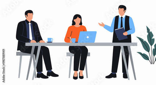 Three business professionals collaborating in a modern office setting during a meeting or presentation with one person presenting to two seated colleagues.