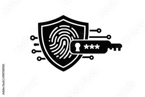 Passkey Fingerprint Shield Icon Black Filled Vector for Biometric Authentication and Secure Digital Access Isolated on Transparent Background
