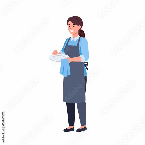 Smiling woman in an apron drying a white plate with a blue towel, performing a household chore or service task.